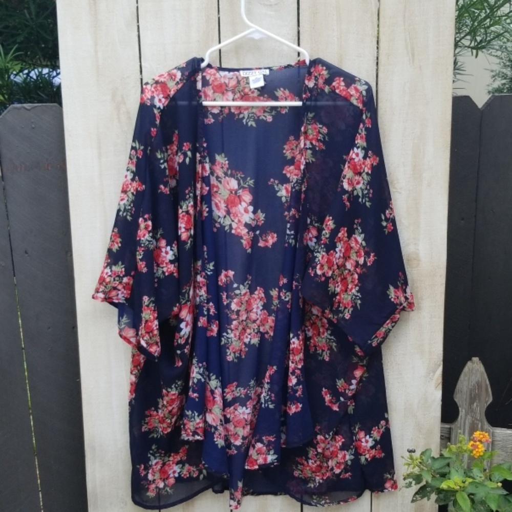 Sheer floral navy kimono